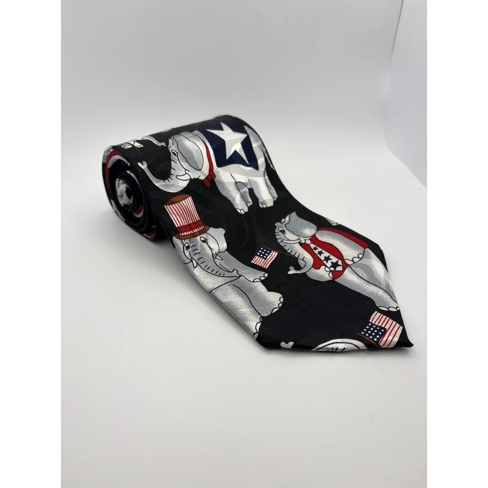 Fratello GOP Republican Elephant Patriotic American Flag Silk Necktie Black 4